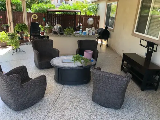 Covered patio decorative flake coating