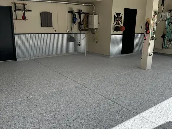Large garage flake floor coating
