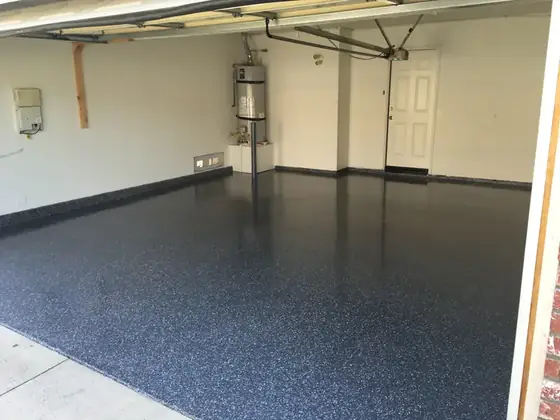 Open garage flake floor coating by Epoxy Pros