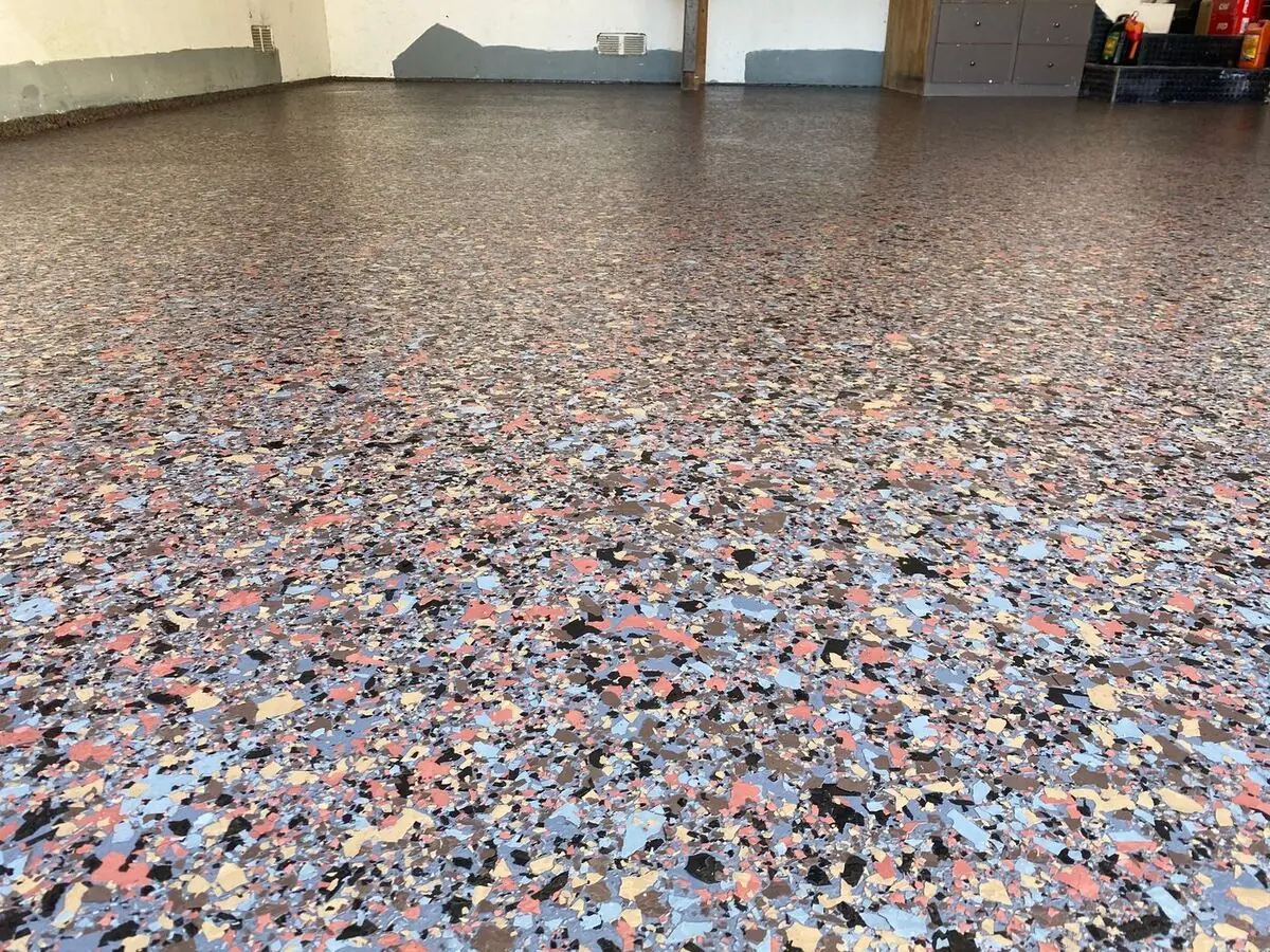 Decorative flake garage floor coating project in Boise Idaho