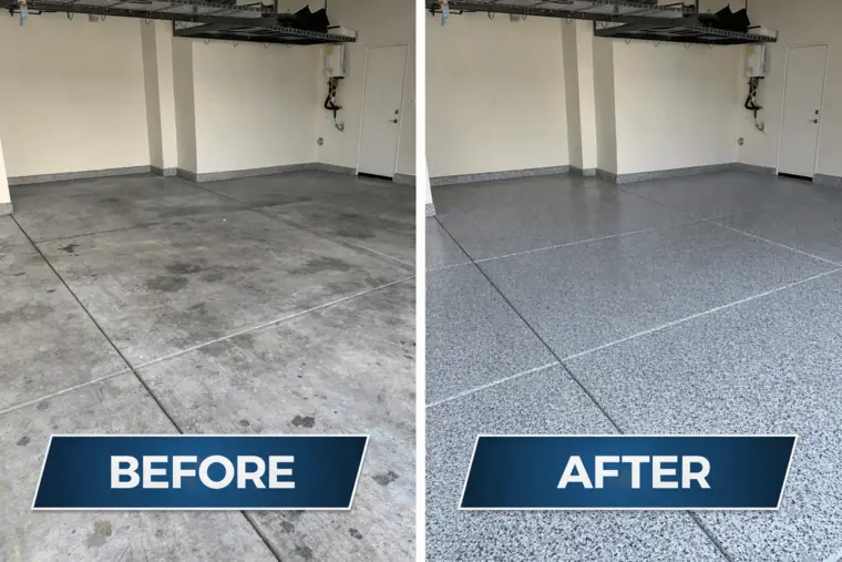 Before and after garage floor coating in Caldwell style