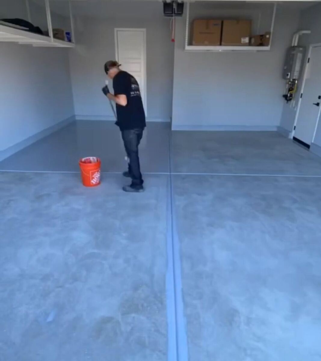 Garage floor coating prep in progress