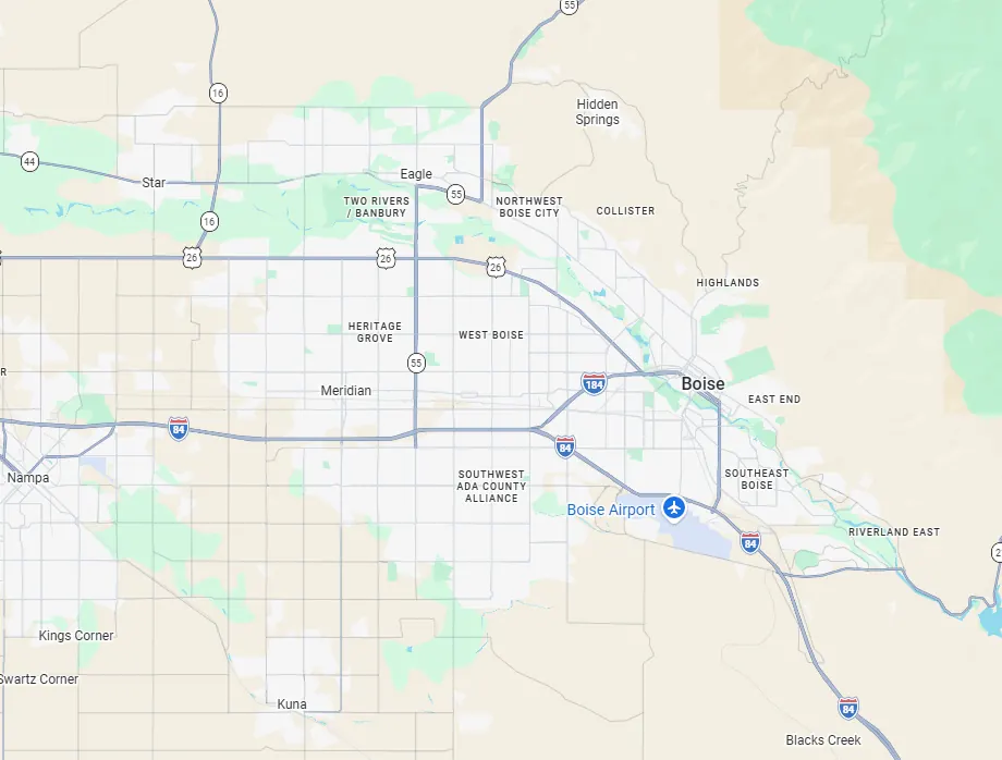 Map showing Epoxy Pros service area from Nampa and Kuna through Meridian, Star, Eagle, and Boise